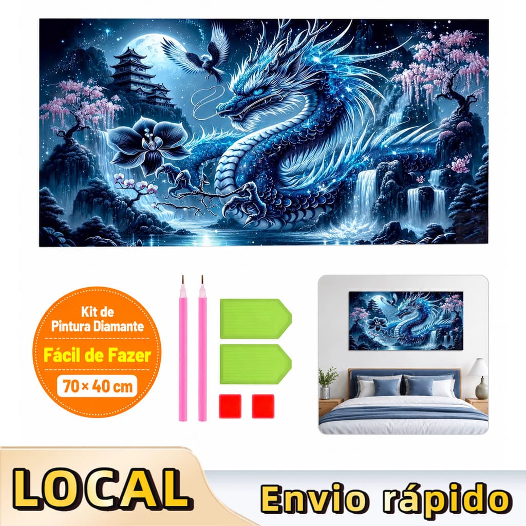 Pintura de Diamante 5D Dragão Azul 70x40cm Broca Quadrada – ferramentas inclusas, prática, relaxante, arte moderna