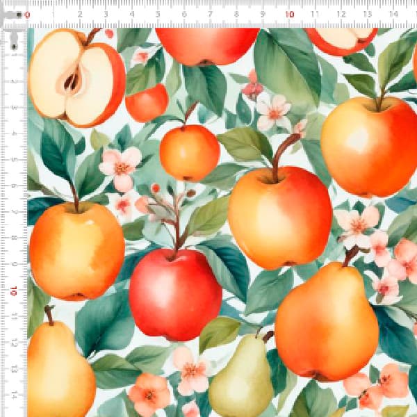 Tecido Tricoline Estampado Maçãs, Peras e Flores do Pomar  Ateliê Bolsa Artesanato Patchwork Pano