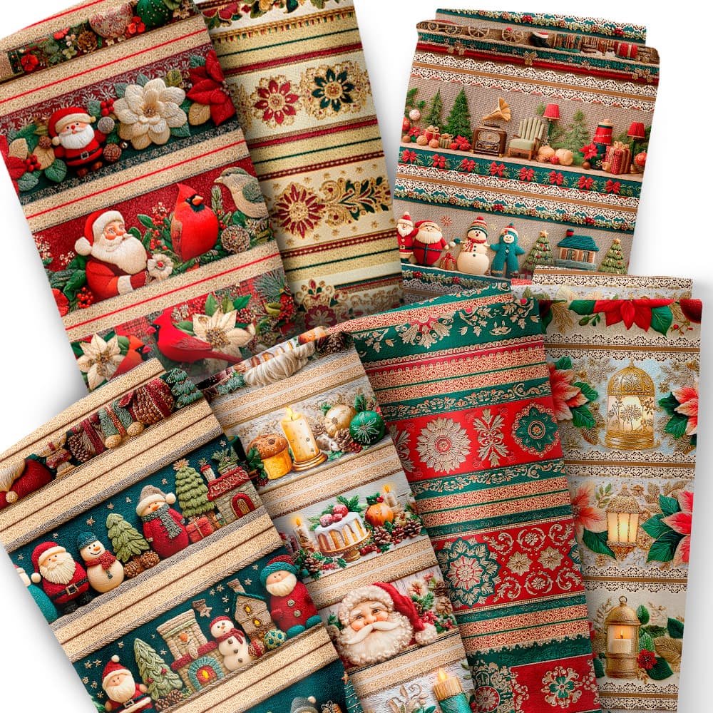 Tecido Tricoline Digital Barrados Estampas Natalinas Costura Bolsa Artesanato Patchwork Papai Noel