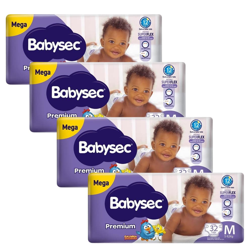 Kit 4x Fralda BabySec Premium Galinha Pintadinha Mega M c/32un Cada – Proteção e Conforto Garantidos