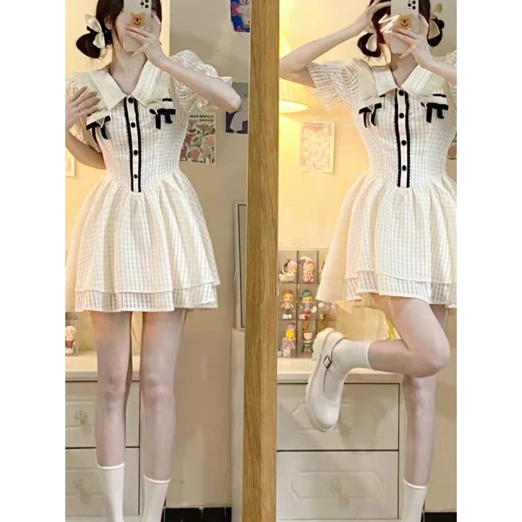Vestido de verão Midsummer algodão gelo xadrez contraste cor arco vestido feminino manga Puff estilo princesa primeiro a