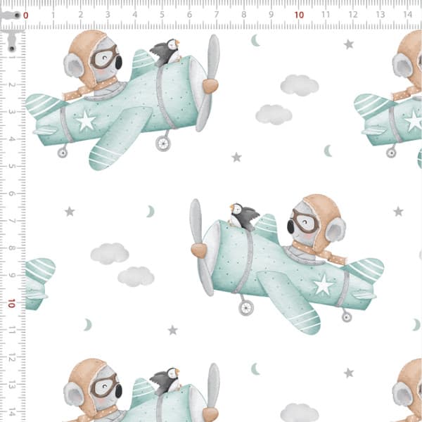 Tecido Tricoline Digital Avião do Coala Aviador Patchwork Costura Ateliê Pano DIY Artesanato