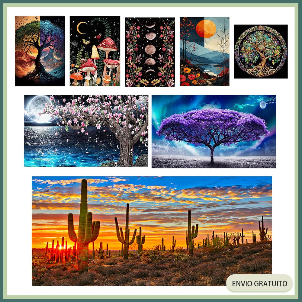 Kit Pintura Redondo Diamante 5D Completo | Arte Terapêutica | Relaxante, Antiestresse e com Quadros Variados