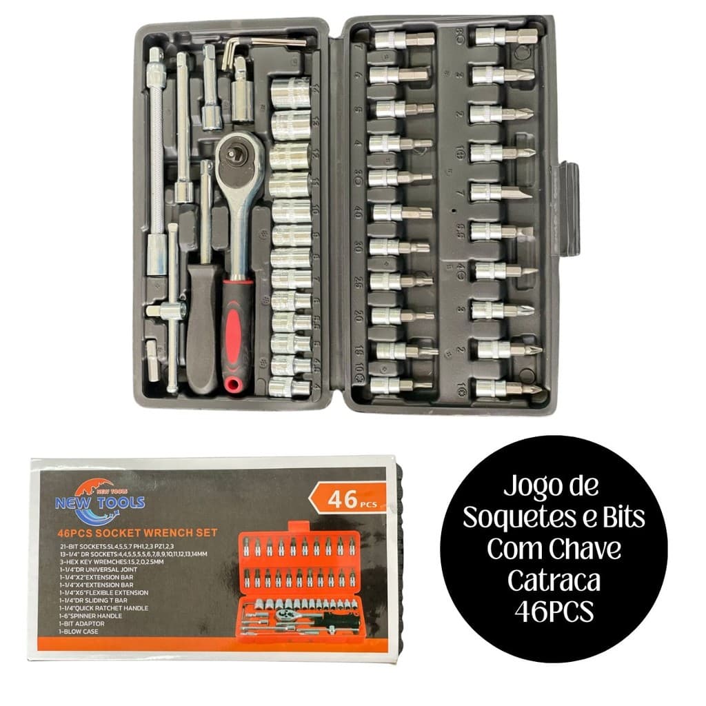 Jogo de Soquetes e Bits com Chave Catraca 46PCS – Kit de Ferramentas Completo