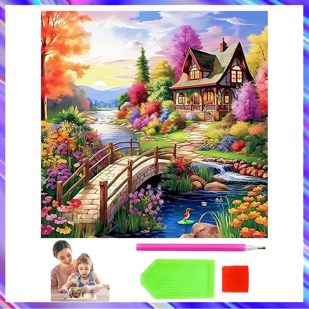 Casa de conto de fadas, pintura com diamantes quadrados 5D DIY, kit de ferramentas para pintura com diamantes, 30x30 cm