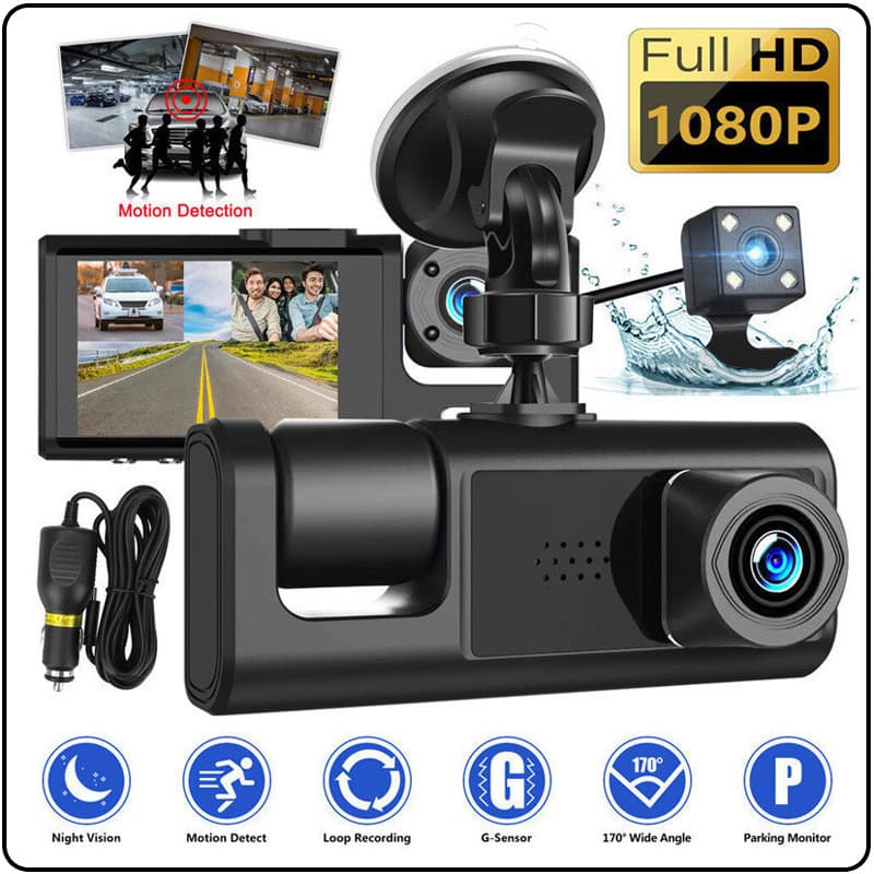 Gravador De Direção FULL HD 1080P Com DVR De 3 Lentes Para Monitoramento Da Visão Frontal E Traseira Do Carro