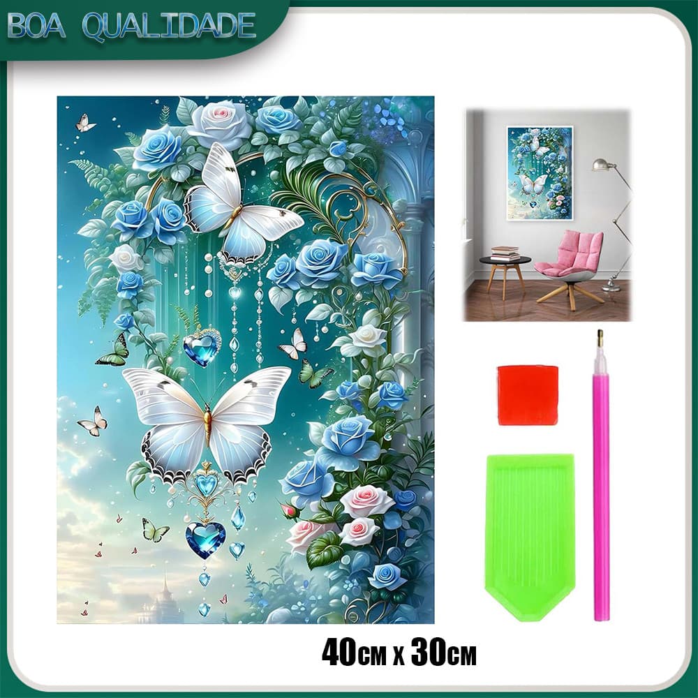 5D Quadrado Diamante Arte Pintura 40x30cm Azul Borboleta Flor Linguagem Decoração de Casa Presente