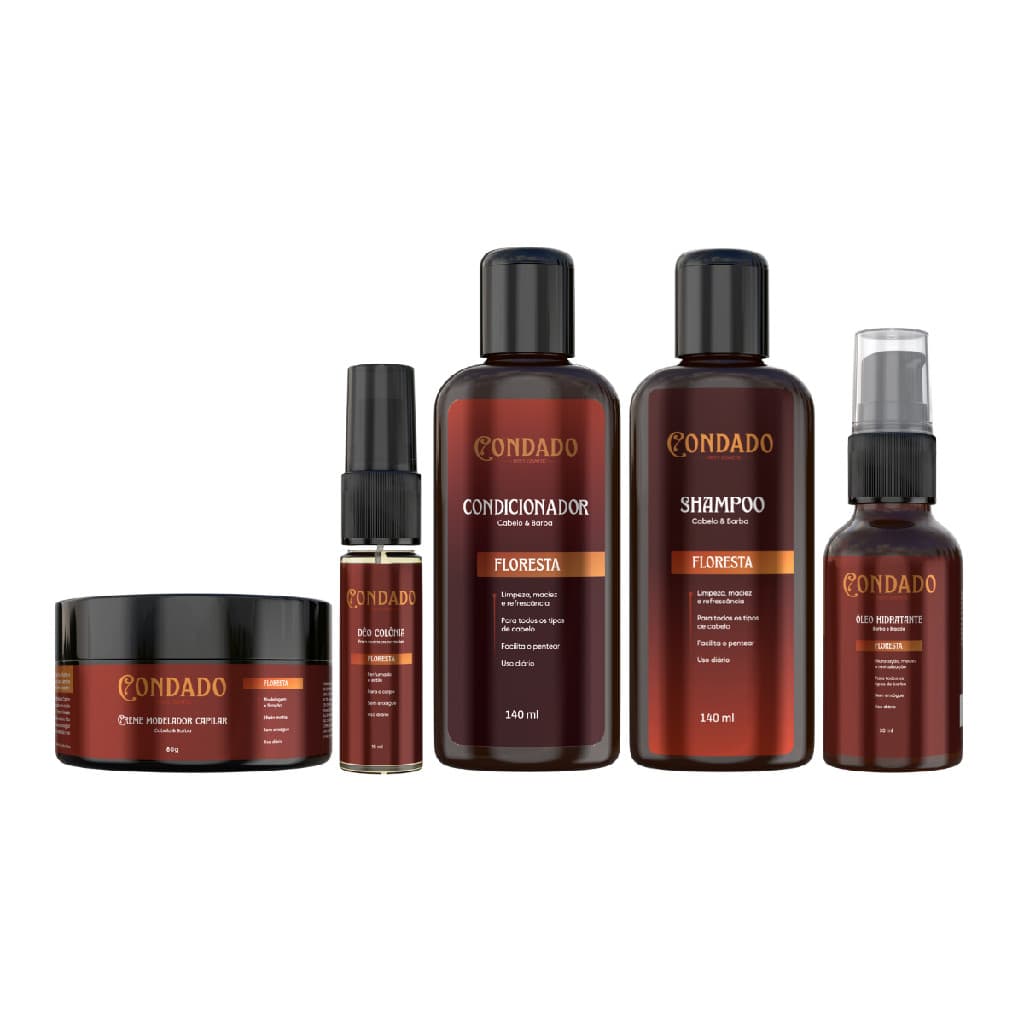 Kit Banho Masculino Shampoo Condicionador Óleo Hidratante Creme Modelador Colônia Amadeirado Condado