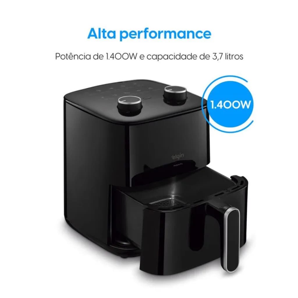 Fritadeira Air Fryer Prática Fry Elgin 3,7L 1.400W Preta Sem Óleo Espaçosa Grelha Removível