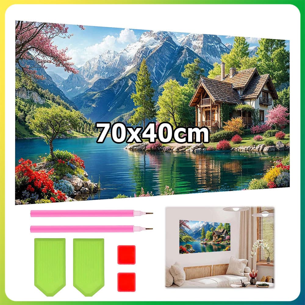 70x40cm neve montanha lago cabine quadrado pintura diamante DIY pintura artesanal 5D diamante ponto pintura decoração pa