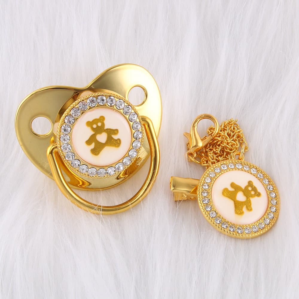 Chupeta de Bebê Bling Luxo com Diamantes, Urso Prateado Fofo, Chupeta Ortodôntica de Silicone para Recém-Nascidos, Chupe
