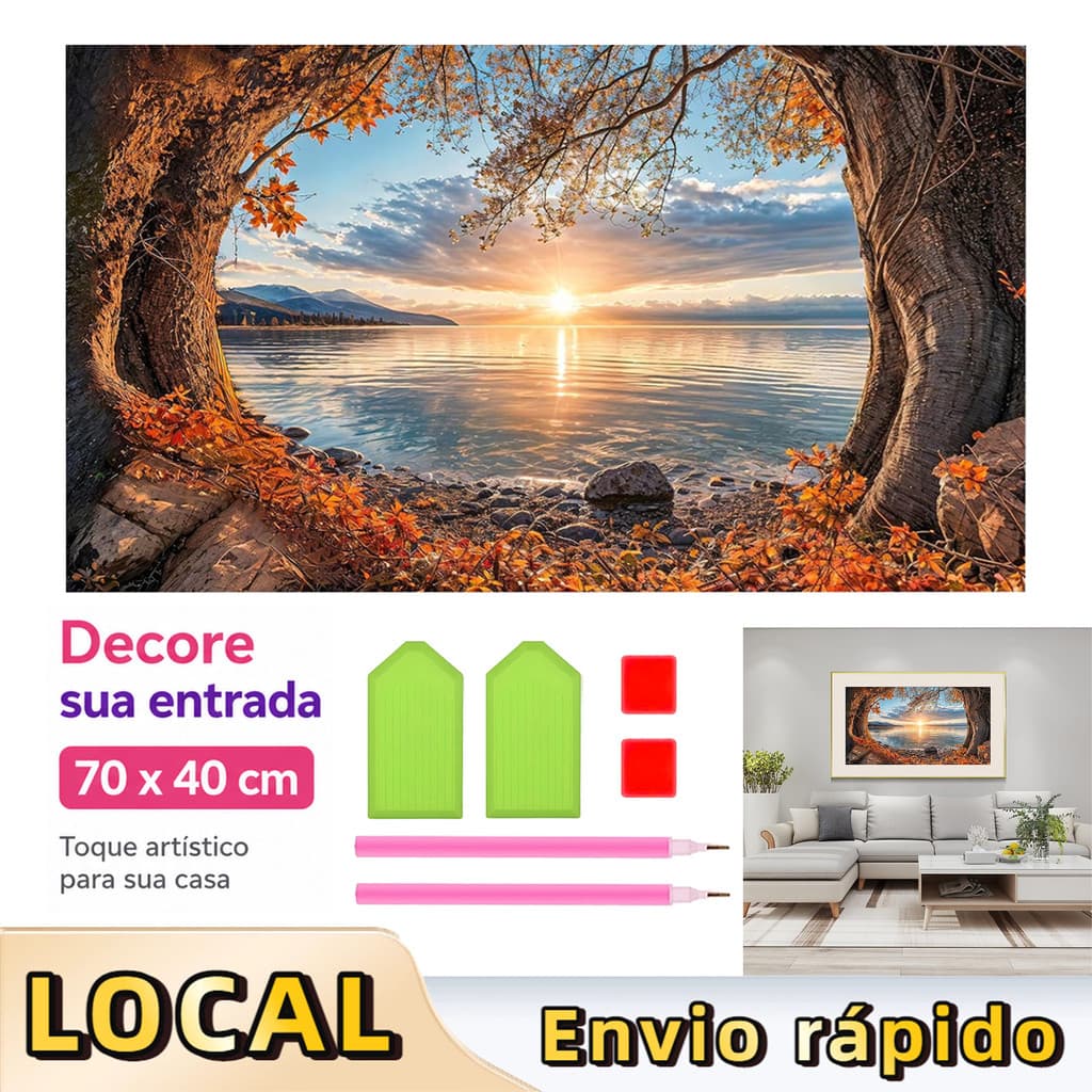 Pintura de Diamante 5D Um belo pôr do sol 70x40cm Broca Quadrada – ferramentas inclusas, prática, relaxante,arte moderna