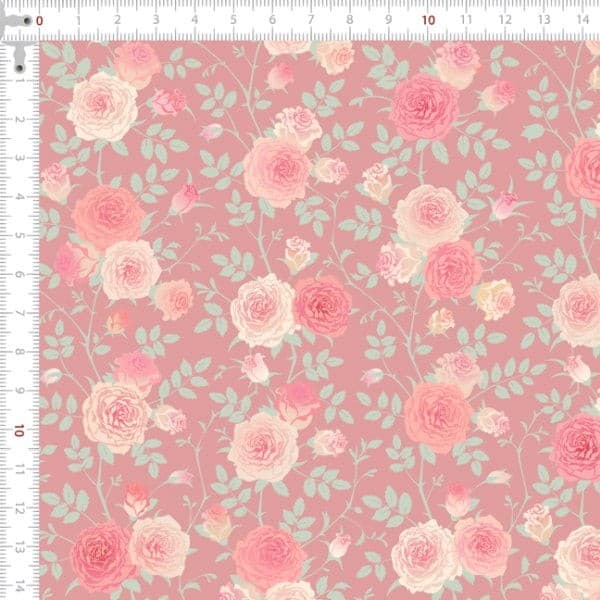 Tecido Tricoline Digital Floral Rosa Ramificado Rose Pano Patchwork Costura Ateliê Artesanato DIY