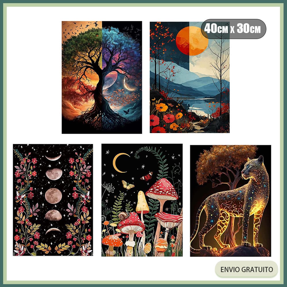 Conjunto de Pintura com Diamantes 5D 40x30cm Paisagem Florestal com Leopardo Tela Artística Decoração para Casa