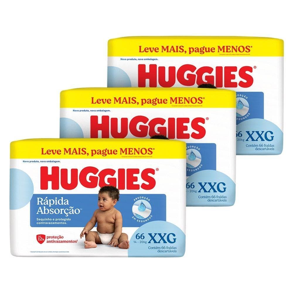 Fralda Descartável Huggies Tripla Proteção Hiper Tamanho XXG - 3 Pacote com 66 Fraldas - Total 198 Tiras