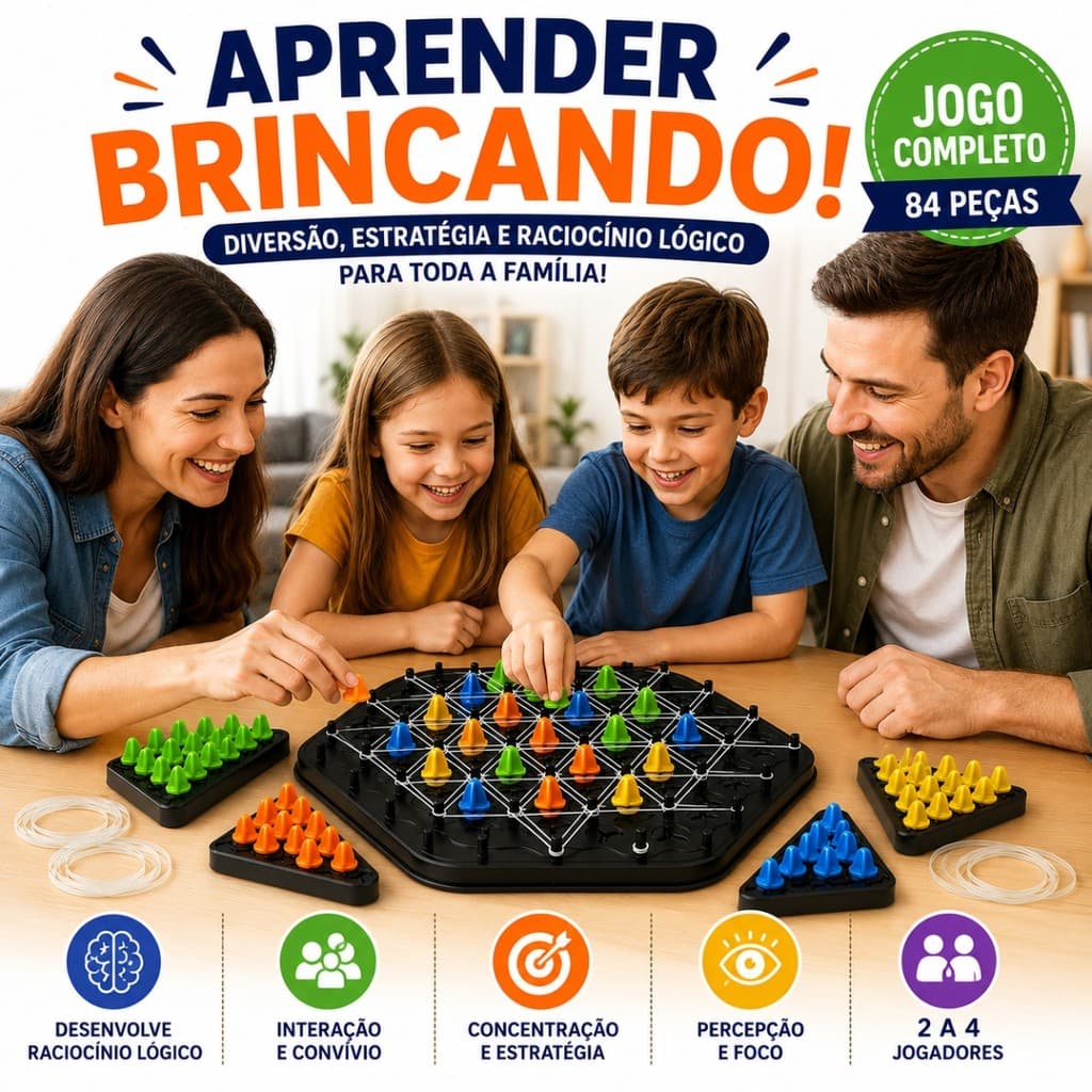 Jogo Estratégico Triângulo Geométrico Tabuleiro Educativo Desafio Lógico Família 2 a 4 Jogadores Infantil