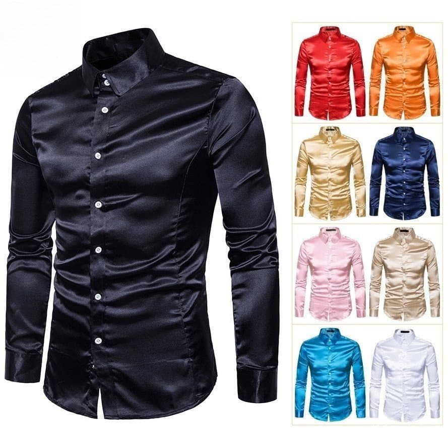 Camisa de Cetim Masculina com Gola Reversa, Manga Longa, Ajuste Slim, Cor Sólida para Social Casual, Casamento, Festa