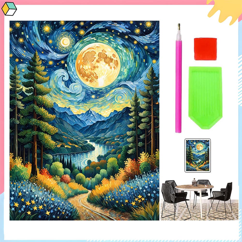 Floresta ao Luar, 30x40 cm, Kit de Pintura Diamante para Adultos 5D DIY Arte Diamante Quadrada Conjunto Completo