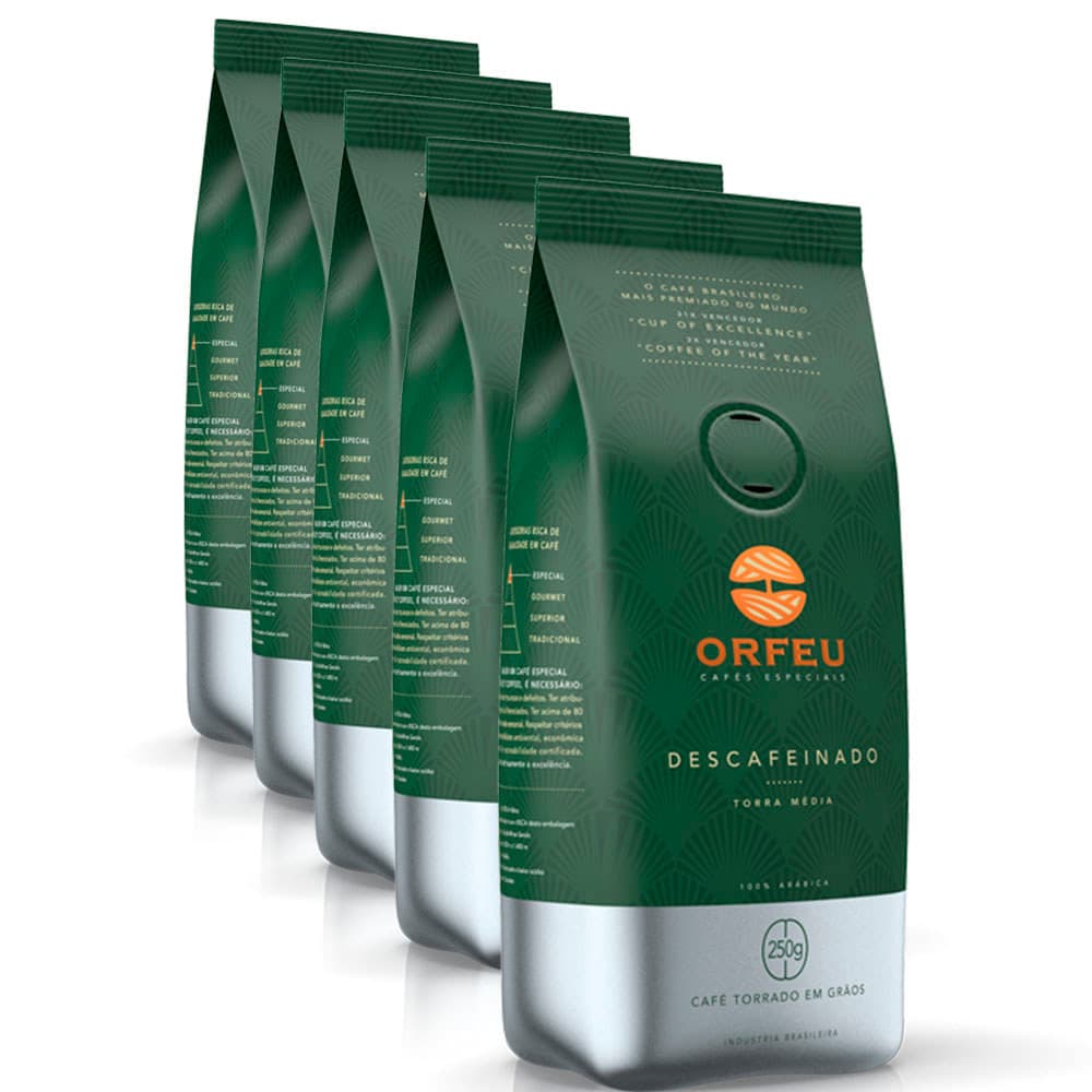 Café em Grãos Premium Orfeu Descafeinado Kit 5 Pacotes 250g