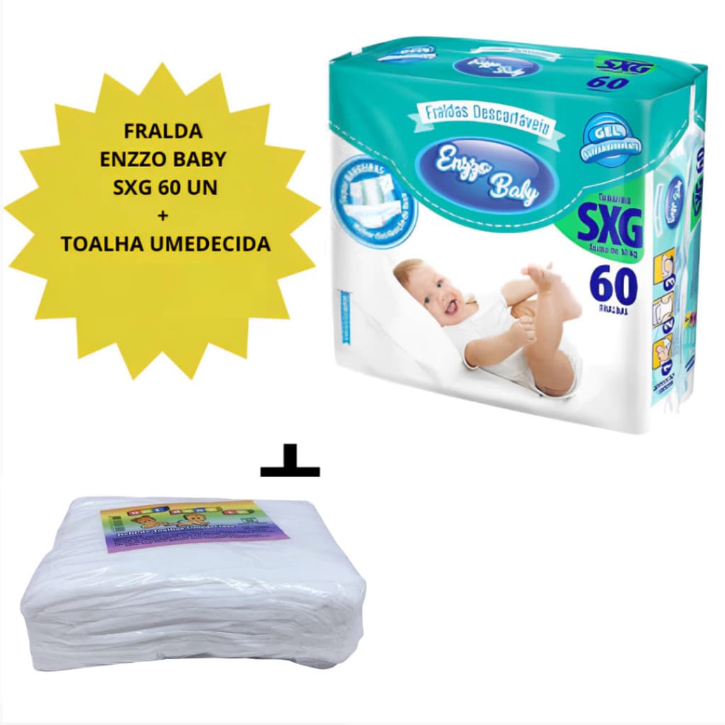 Kit Fralda Descartável Infantil Enzzo Baby SXG Com 60 Unidades + Toalha Umedecida  C/ 50 Unidades