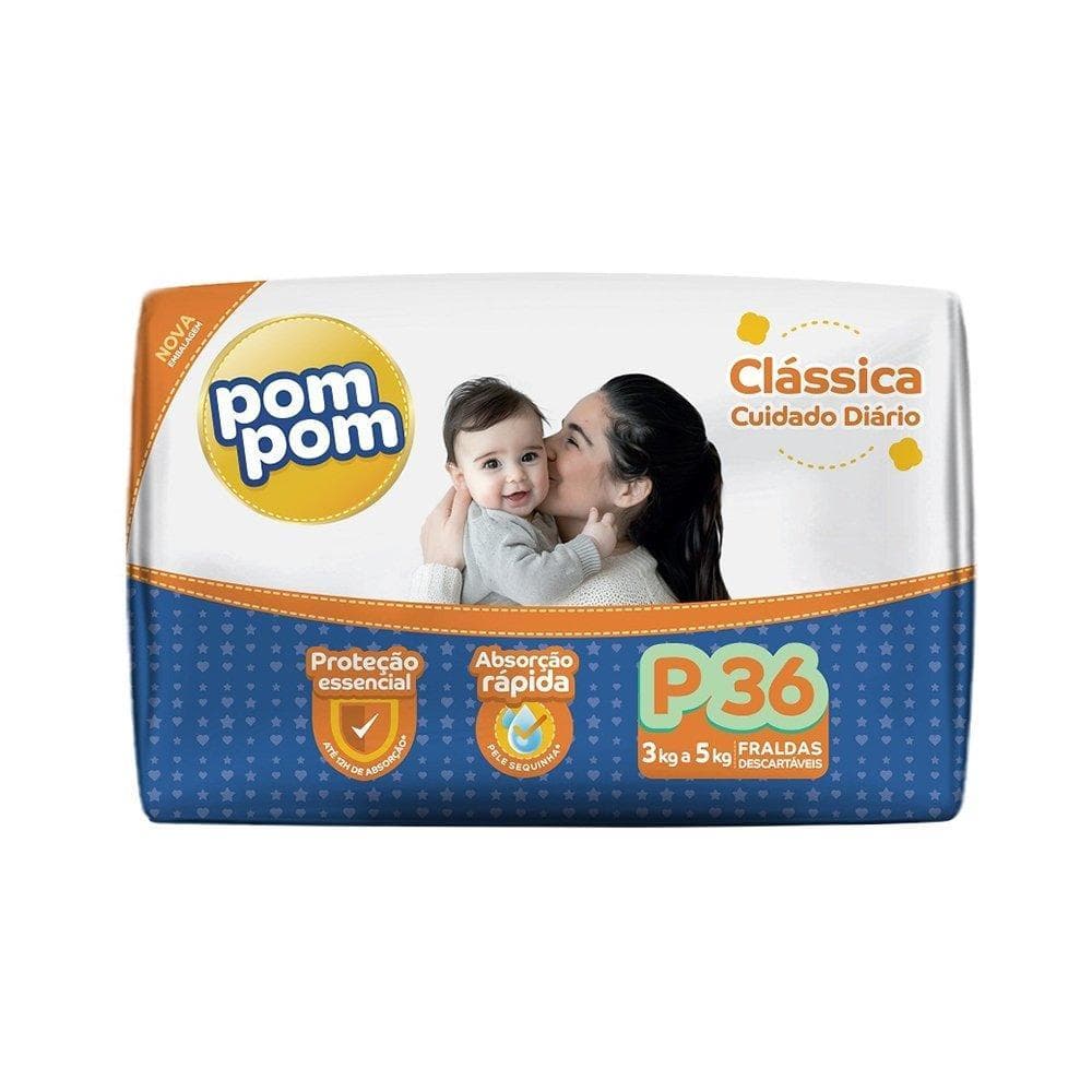 Fralda Descartável PomPom Clássica Econômica Tamanho P - 8 Pacotes com 36 Fraldas - Total 288 Tiras