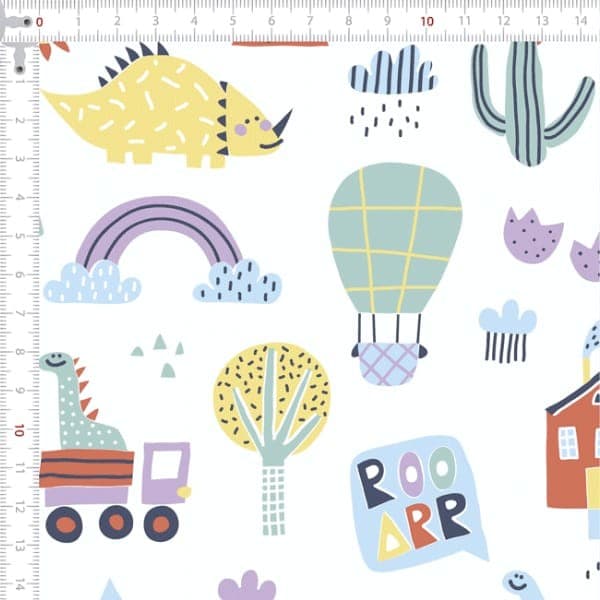 Tecido Tricoline Digital Brincadeira com Dinossauros Pano Patchwork Costura Ateliê Artesanato DIY