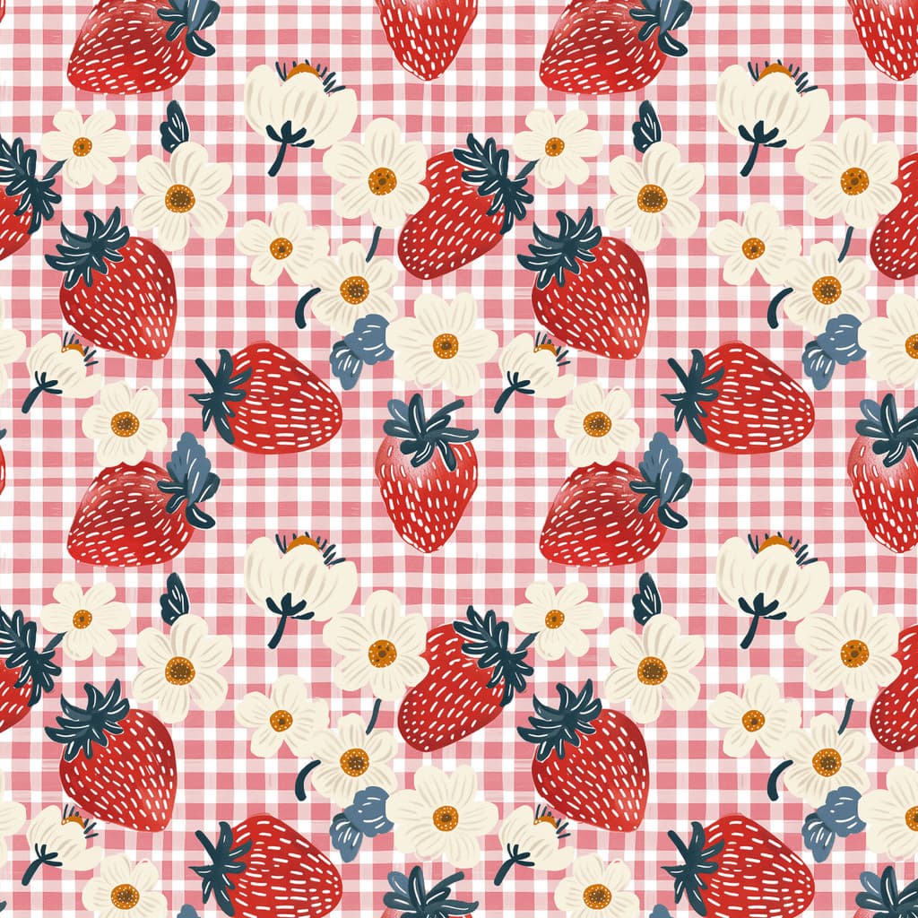 Tecido Tricoline Digital Morangos e Flores Xadrez Costura Artesanato Patchwork Pano DIY Quilt