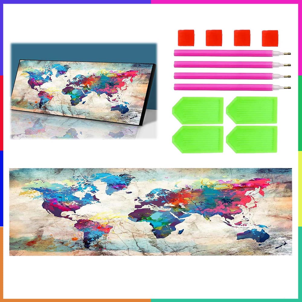 Mapa-múndi, Conjunto inicial de arte diamante, pintura de diamante redonda colorida 5D, 120 x 40 cm, DIY decoração
