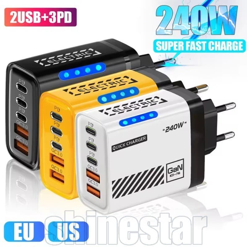 5 Em 1 240W 2USB + 3PD Cabeça De Carregamento Rápido-Carregador USB PD De 5 Portas-Adaptador De Energia De Mesa Com Luz 