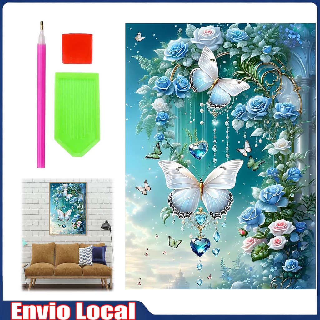 Borboleta e flores, conjunto de pintura diamante, pintura de diamante quadrada 5D, artesanato 30 x 40 cm