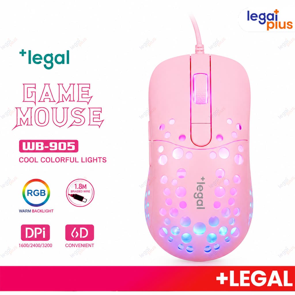 Mouse Gamer Feminino Rosa Colmeia Com Fio 3200 DPI RGB Ergonômico para PC Notebook e Laptop