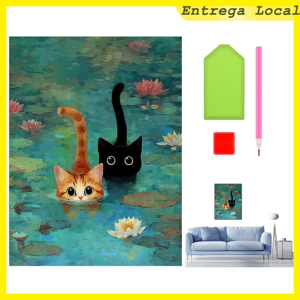 5D pintura diamante, 40x30 cm pintura diamante, "Gato em Lotus Pond" pintura diamante