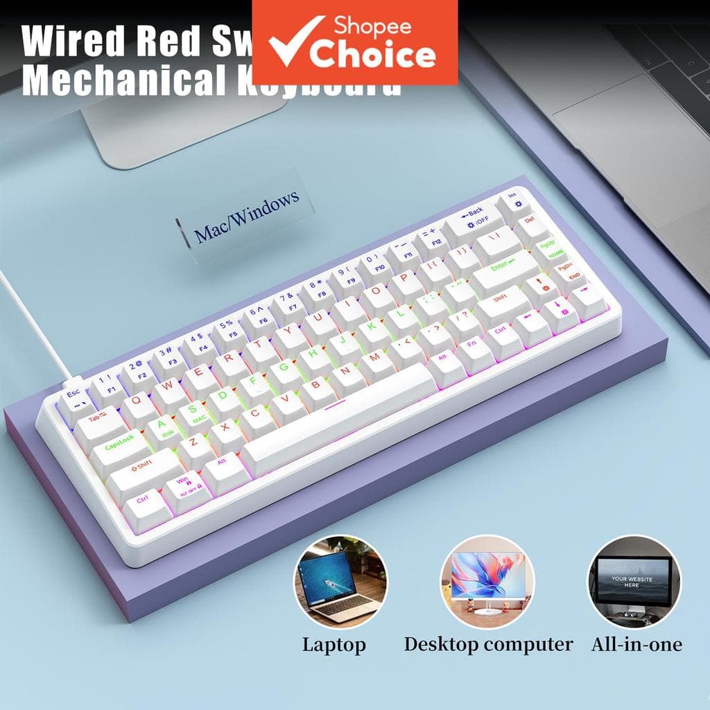 Teclado Mecânico para Jogos, Teclado de Gatilho Rápido, Branco, Com Fio, Interruptor Vermelho, RGB, 68 Teclas, Compacto