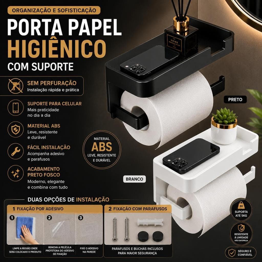 Suporte Porta Papel Higiênico Parede Adesivo Prateleira Celular Lenço Umedecido Banheiro