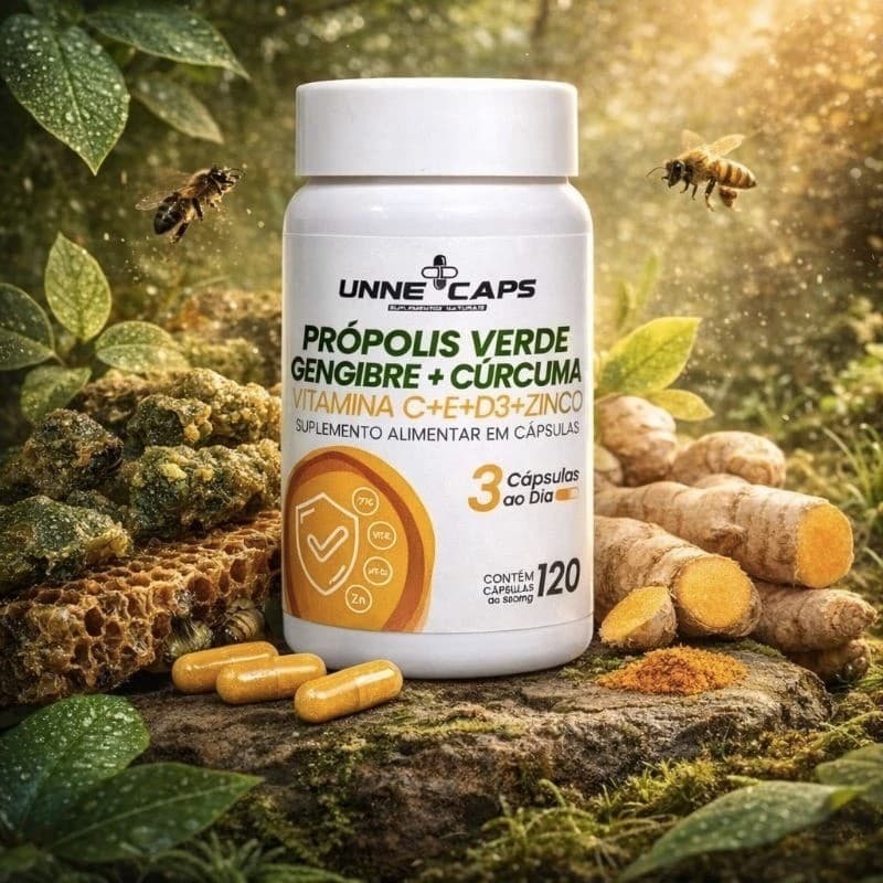 Própolis Verde + Gengibre + Cúrcuma + Vitaminas C E D3 Zinco  60 / 120 Cápsulas | Suplemento Natural