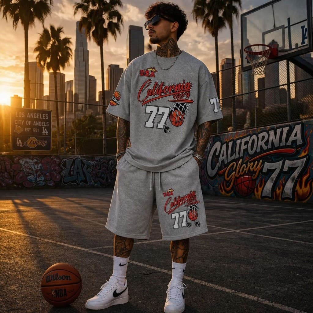 Kit Conjunto Camiseta Algodão E Bermuda Moletom Streetwear California 77