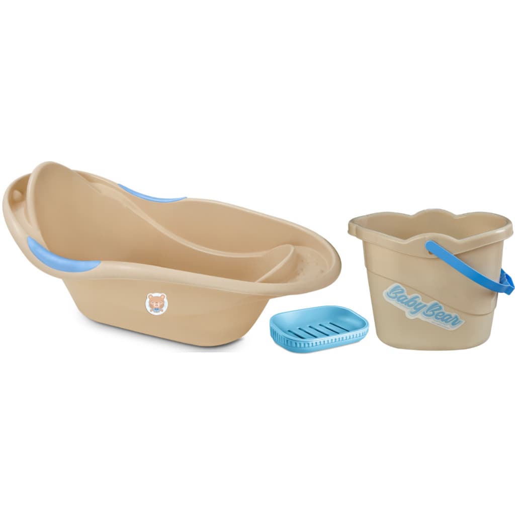 Kit Banheira Infantil 20L, Balde Baby Bear 8L e Saboneteira Para Bebês Menino Linha Baby