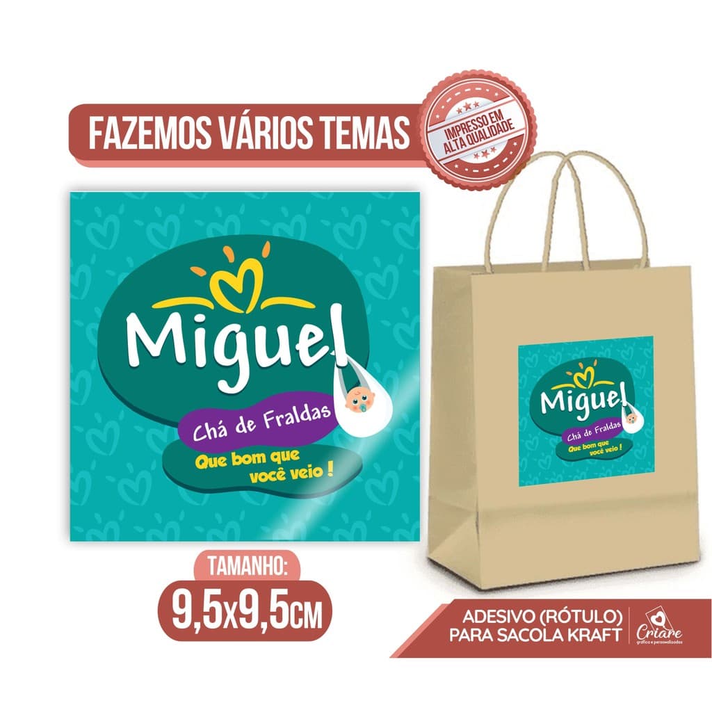 Kit Rótulo Adesivo - Chá de Fraldas Menino (pampers) - Para personalizar sacolas Kraft - Adesivo com brilho