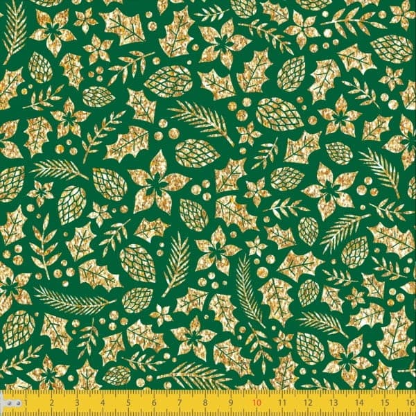 Tecido Tricoline Estampado Natal Folhas Douradas Verde Decoração Enfeites Pano Patchwork