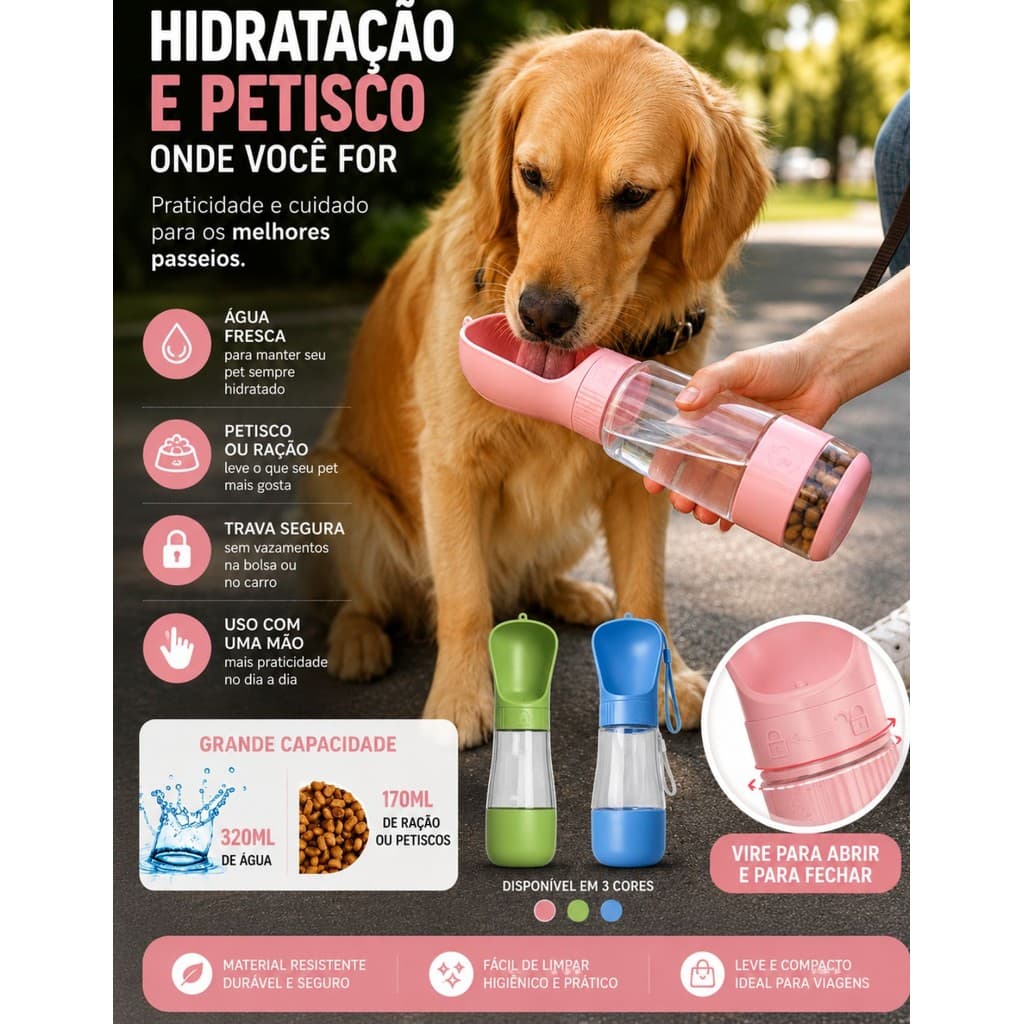 Garrafa de Água Ração 2 em 1 Portátil C/ Dispenser Cachorro Gato Multifuncional Passeio