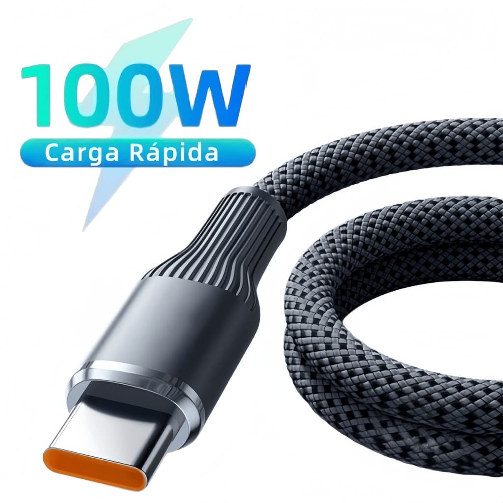 Cabo Tipo C Compatível com iPhone 17 e 16 Pro Max, 100W, Trançado, para Notebook, Tablet, Android e Samsung, 1m / 2m