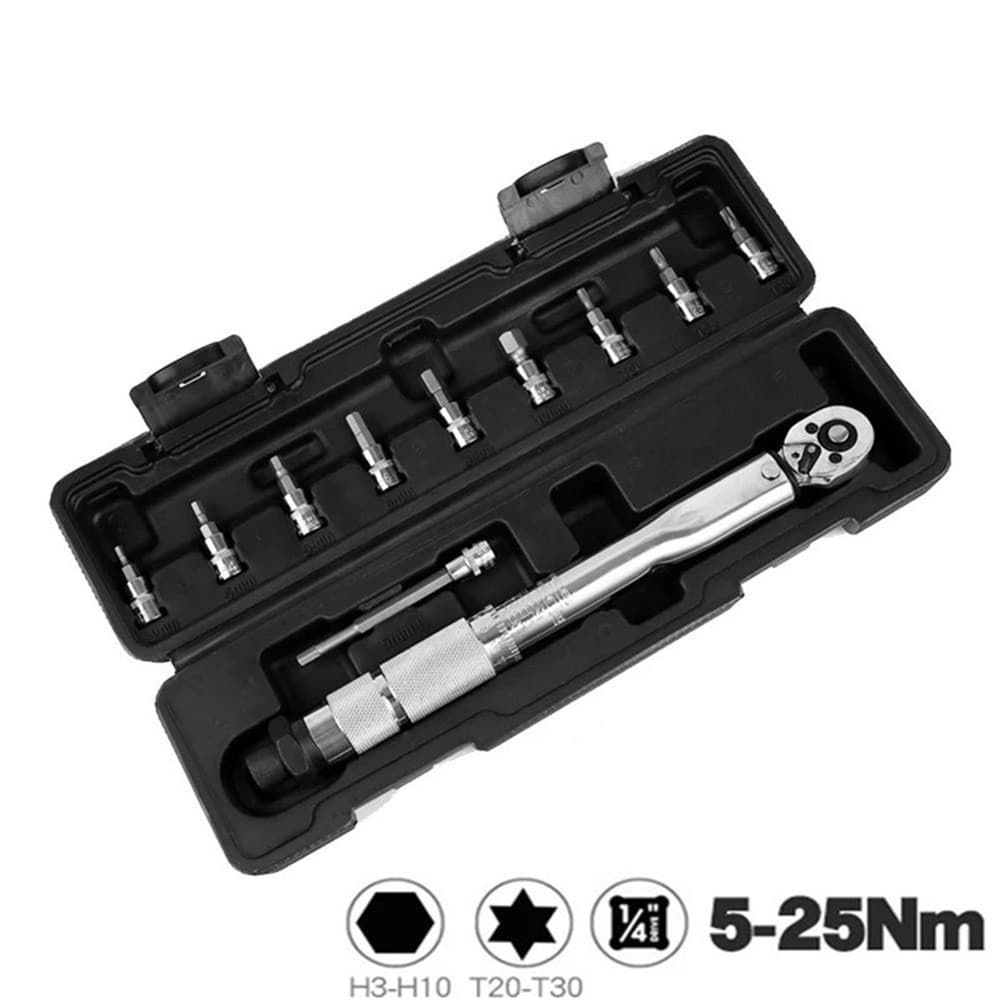 Torquimetro de estalo 1/4 5-25 nm 11 peças e alongador modelo profissional com estojo