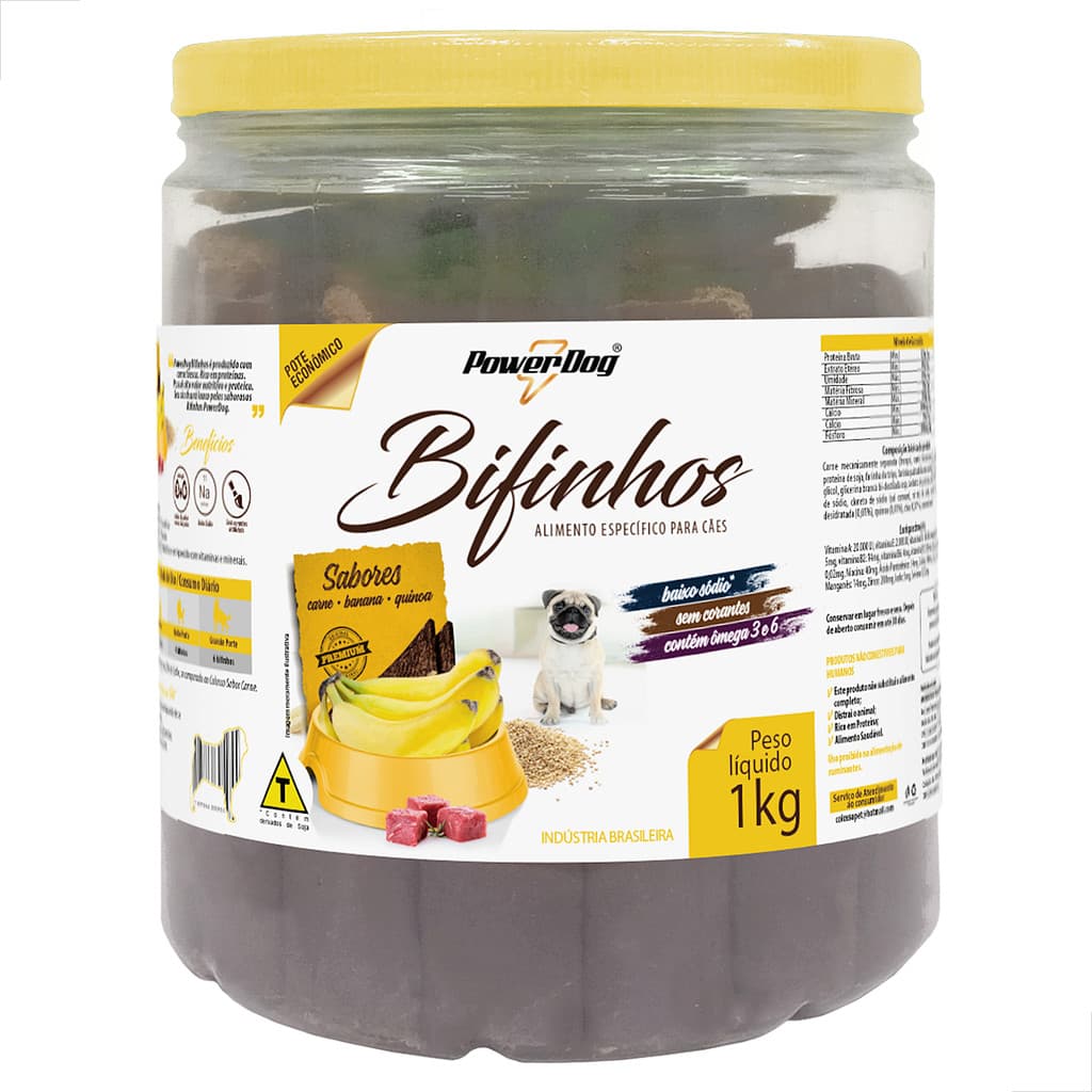 Petisco Cão Adulto Bifinho PowerDog Carne Banana Quinoa 1kg - Snack Saudável e Saboroso para Adestramento