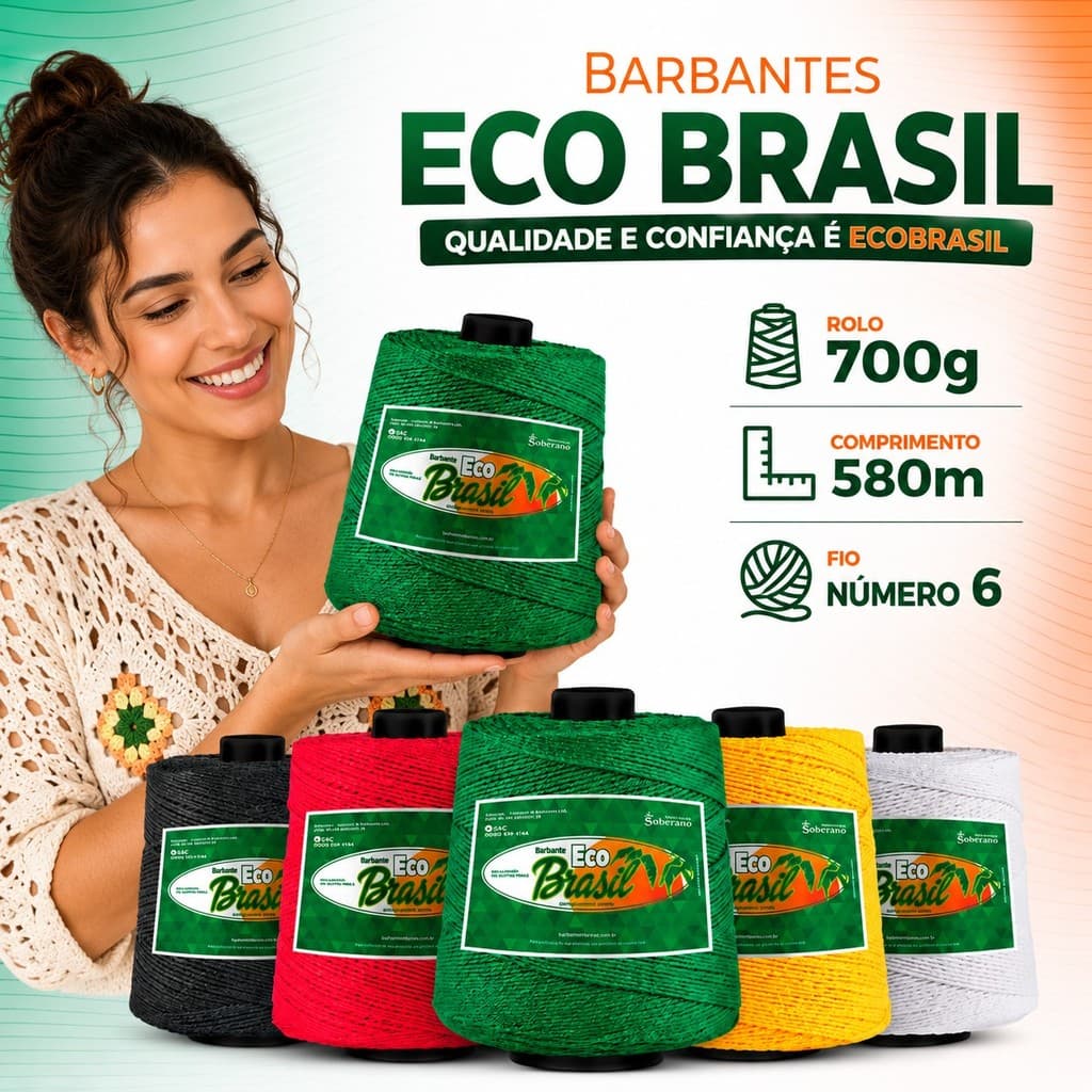 Barbante Cru e Colorido Eco Brasil 700g 580m Fio 6 para Crochê, Tapetes e Artesanato