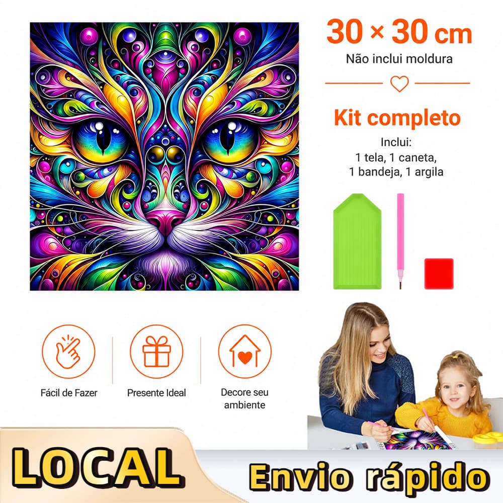 Pintura de Diamante 5D Gatos coloridos 30x30cm Broca Quadrada – ferramentas inclusas, prática, relaxante, arte moderna