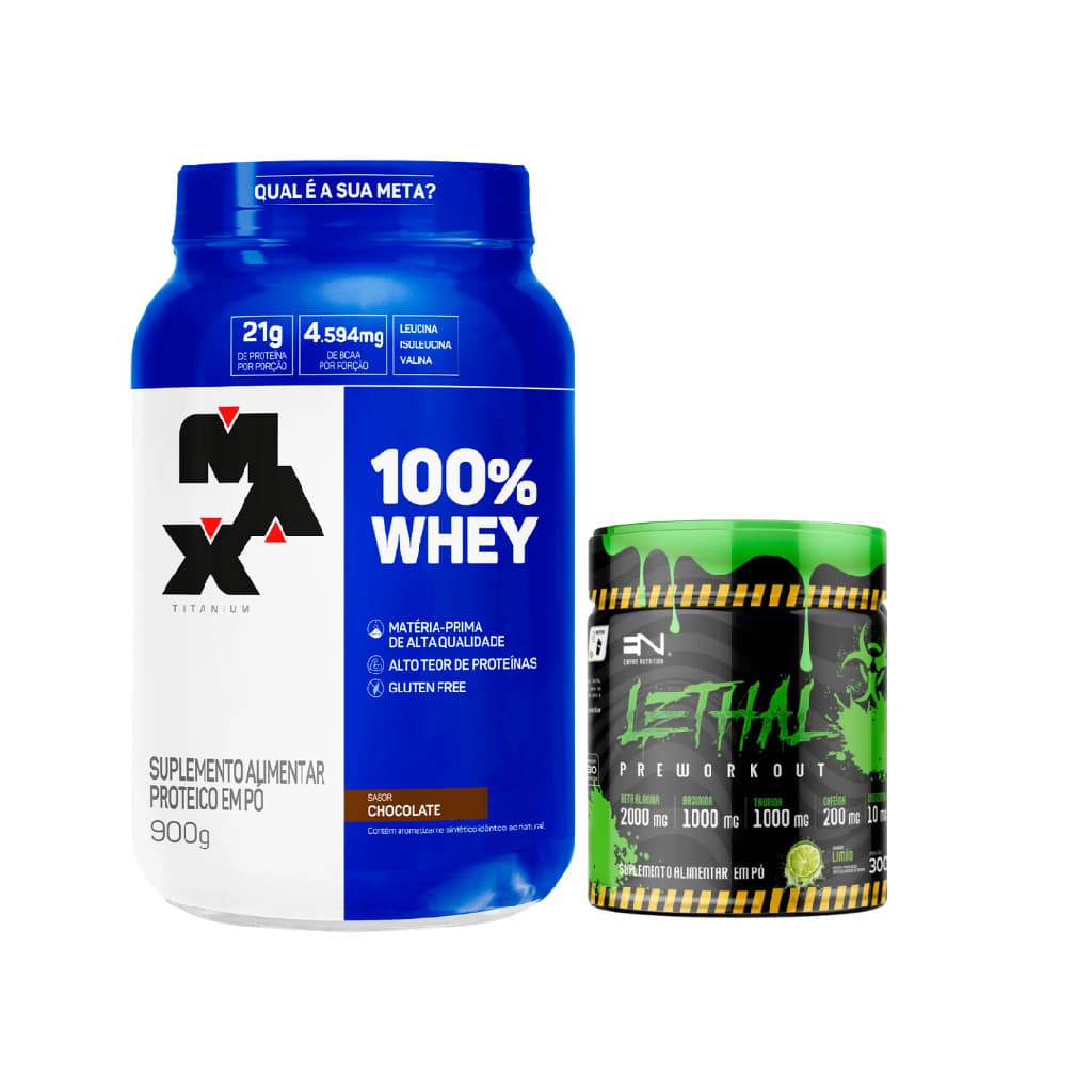 Kit 100% Whey Protein Max Titanium  Pote  900g Chocolate + Pré Treino Lethal 300g Limão