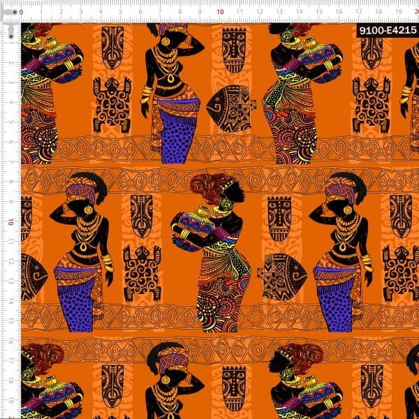Tecido Tricoline Estampado Digital Étnico Africanas e Vasos Costura Artesanato Patchwork Pano DIY
