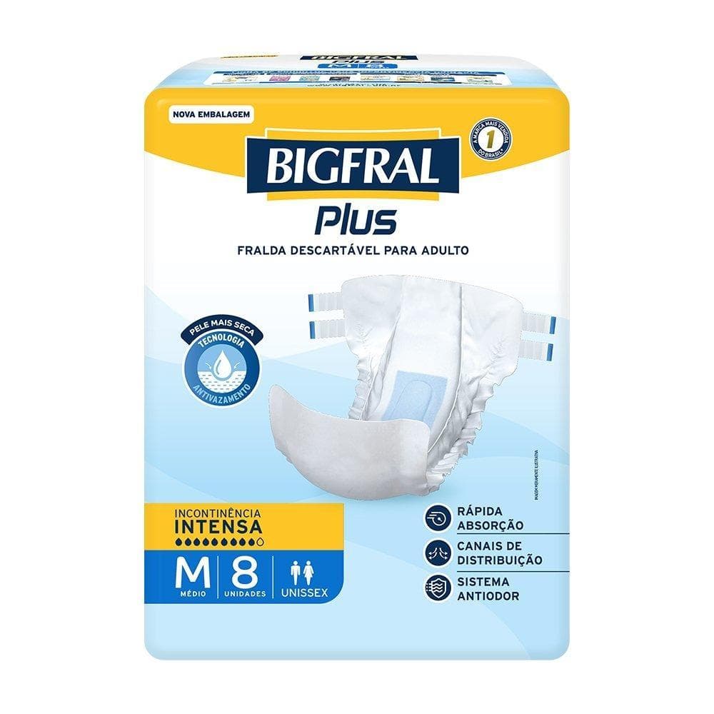 Fralda Descartável Geriátrica/Adulto Bigfral Regular Plus Tamanho M - 8 Pacotes com 8 Fraldas - Total 64 Tiras