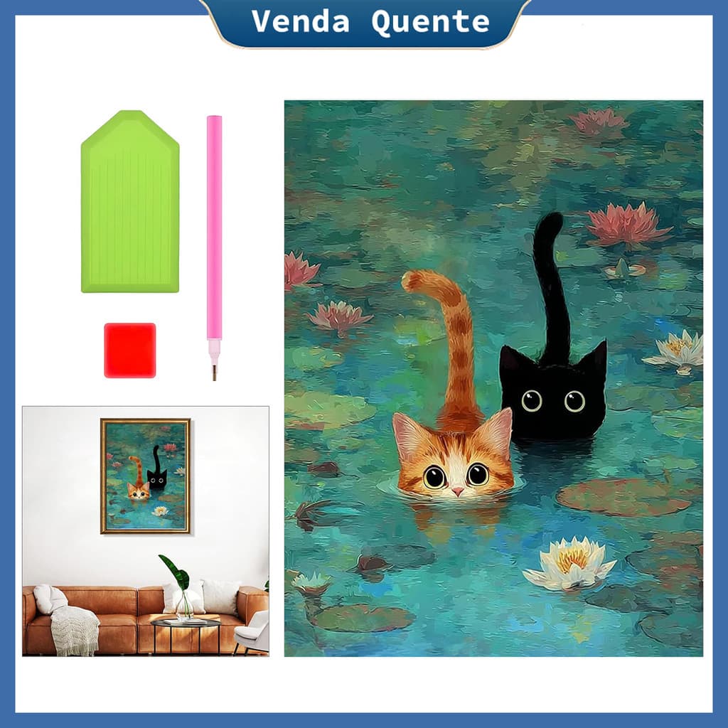 "Gato na lagoa de lótus" pintura diamante 40x30 cm, 5D Pintura Diamante, Decoração Da Parede Pintura Artesanal