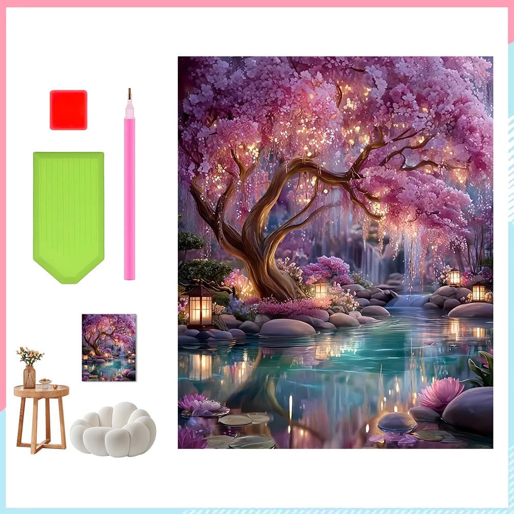 30 x 40cm, Conjunto de pintura diamante 5D para adultas Lagoa de flores ao luar Pintura artística com diamante quadrados
